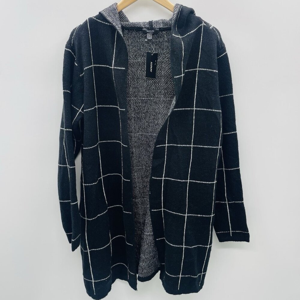 Alfani Womens Size Large Hooded Grid Print Open Front Cardigan Sweater in Black